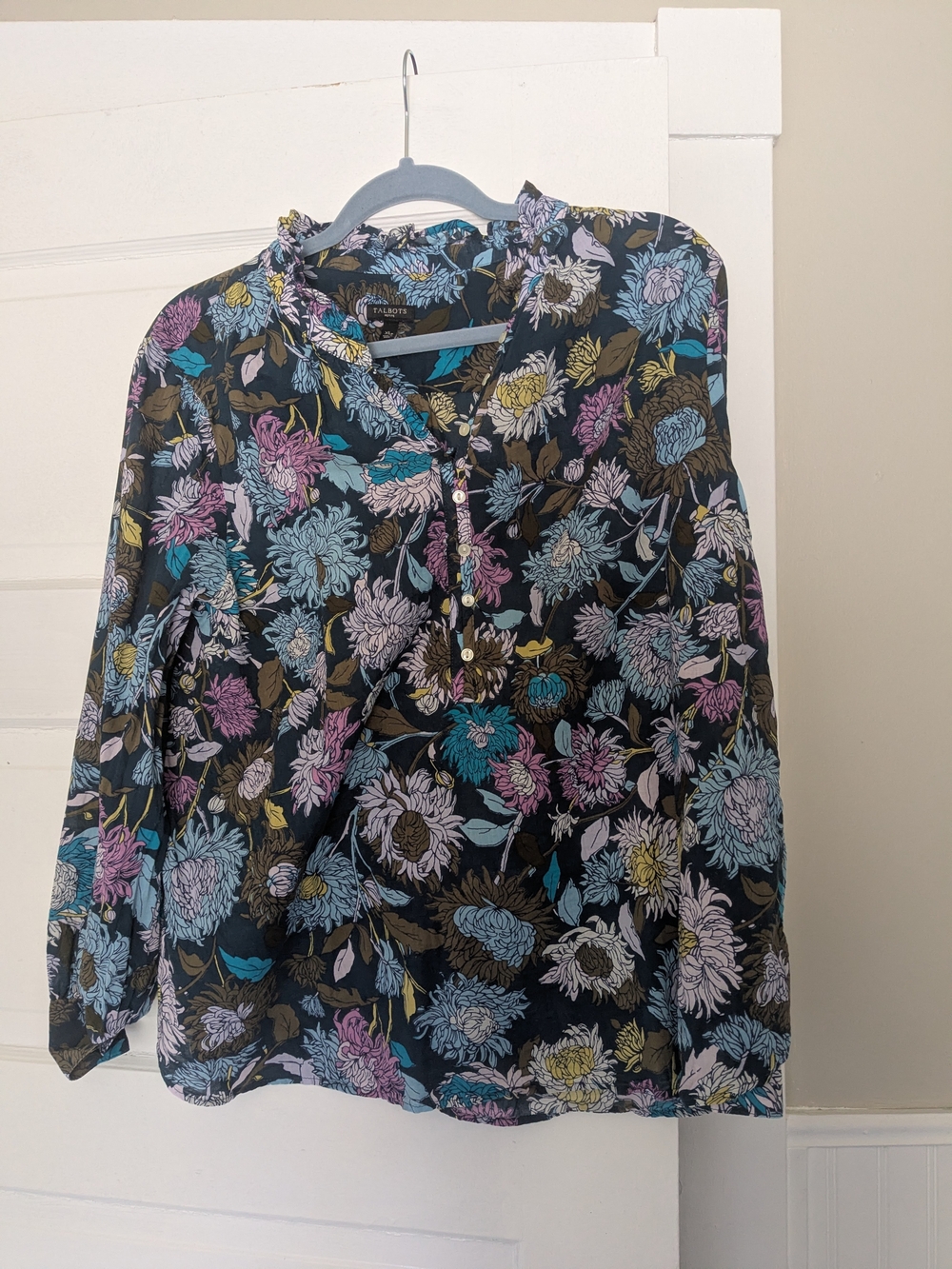 Talbots Cotton Floral Split-Neck Long Sleeve Blouse